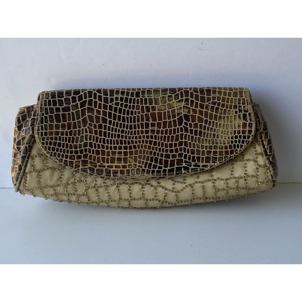 VTG Inge Christopher Vintage Evening Bag Beaded Gold Metallic Croc Clutch Strap